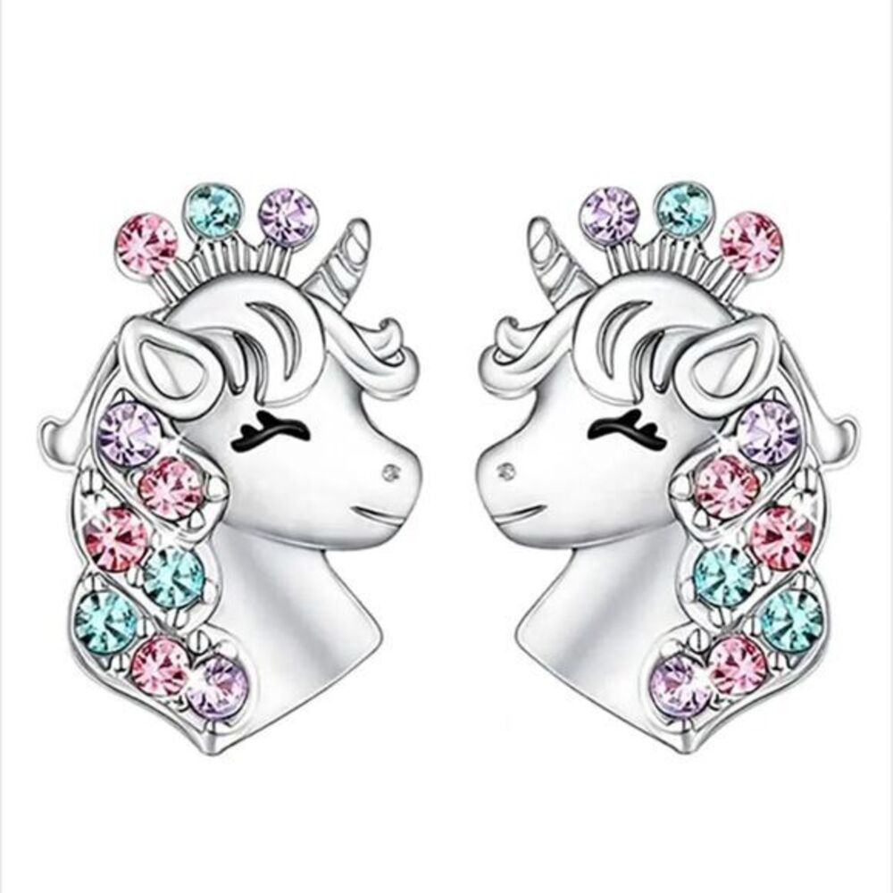 925‎ Sterling Silver Rhinestone Unicorn Stud Earrings Girls Women